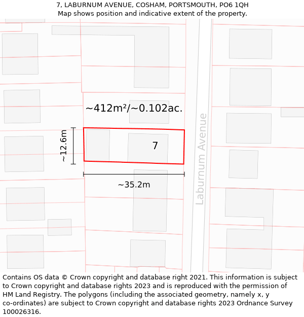 7, LABURNUM AVENUE, COSHAM, PORTSMOUTH, PO6 1QH: Plot and title map