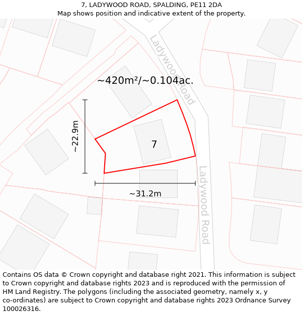 7, LADYWOOD ROAD, SPALDING, PE11 2DA: Plot and title map