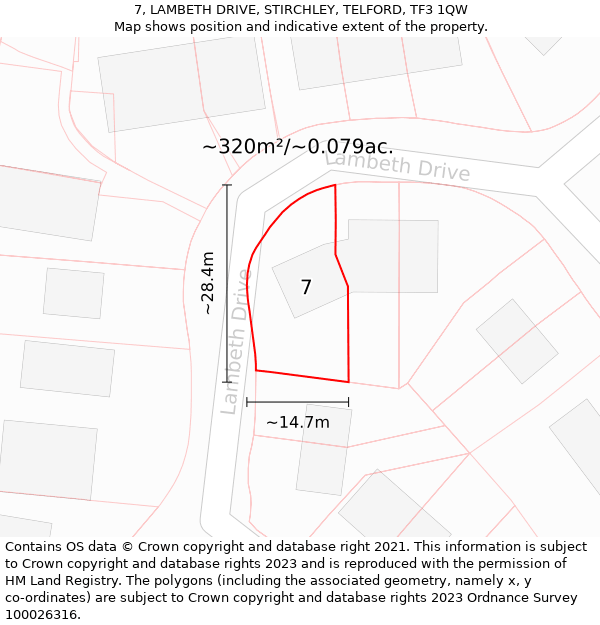 7, LAMBETH DRIVE, STIRCHLEY, TELFORD, TF3 1QW: Plot and title map