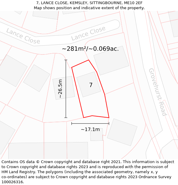 7, LANCE CLOSE, KEMSLEY, SITTINGBOURNE, ME10 2EF: Plot and title map