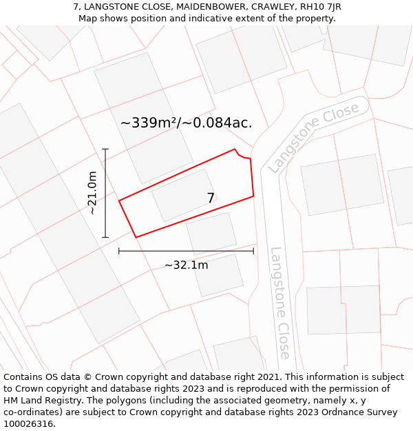 7, LANGSTONE CLOSE, MAIDENBOWER, CRAWLEY, RH10 7JR: Plot and title map