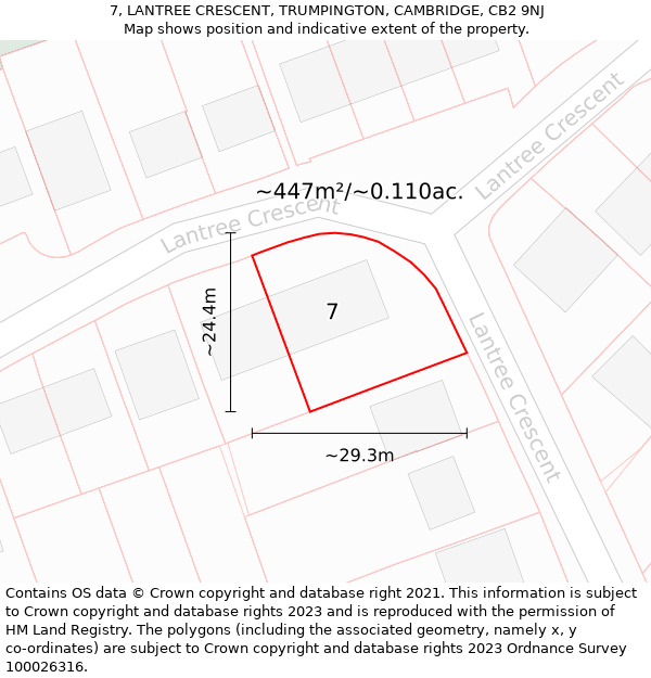 7, LANTREE CRESCENT, TRUMPINGTON, CAMBRIDGE, CB2 9NJ: Plot and title map