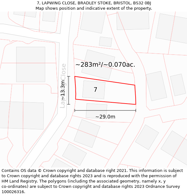 7, LAPWING CLOSE, BRADLEY STOKE, BRISTOL, BS32 0BJ: Plot and title map