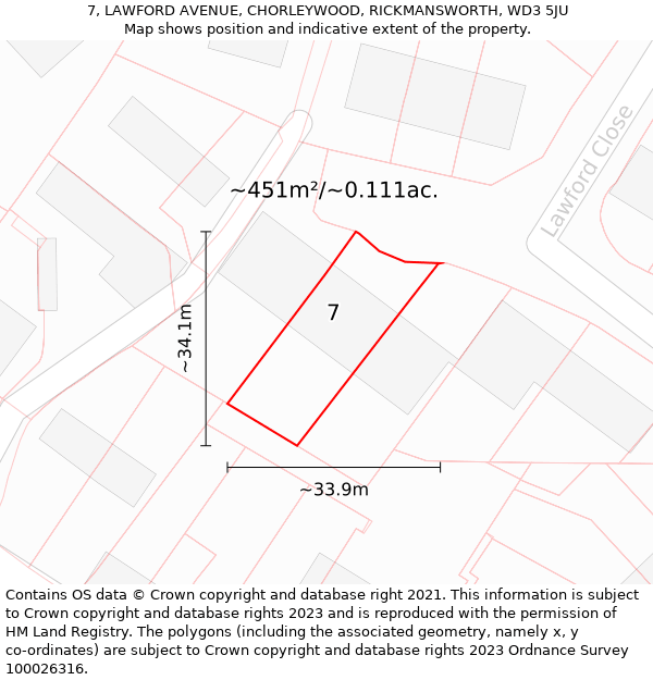 7, LAWFORD AVENUE, CHORLEYWOOD, RICKMANSWORTH, WD3 5JU: Plot and title map