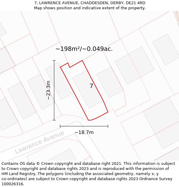 7, LAWRENCE AVENUE, CHADDESDEN, DERBY, DE21 4RD: Plot and title map