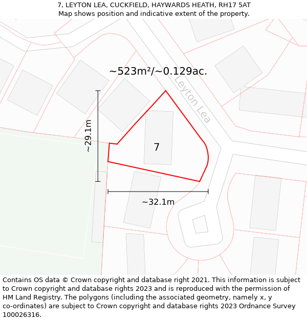 7, LEYTON LEA, CUCKFIELD, HAYWARDS HEATH, RH17 5AT: Plot and title map