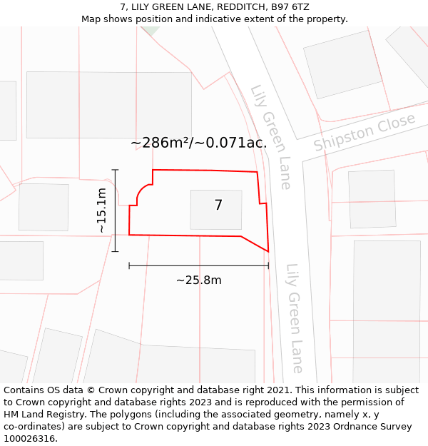 7, LILY GREEN LANE, REDDITCH, B97 6TZ: Plot and title map