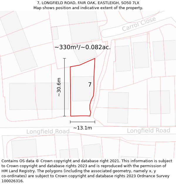 7, LONGFIELD ROAD, FAIR OAK, EASTLEIGH, SO50 7LX: Plot and title map