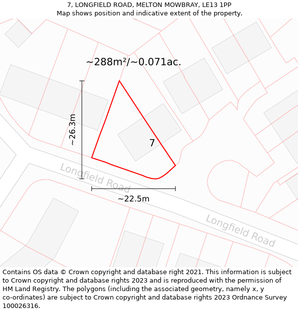 7, LONGFIELD ROAD, MELTON MOWBRAY, LE13 1PP: Plot and title map