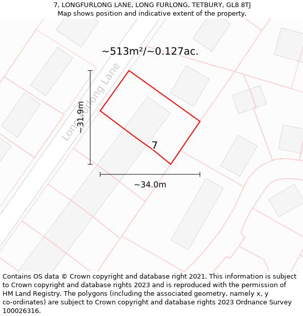 7, LONGFURLONG LANE, LONG FURLONG, TETBURY, GL8 8TJ: Plot and title map