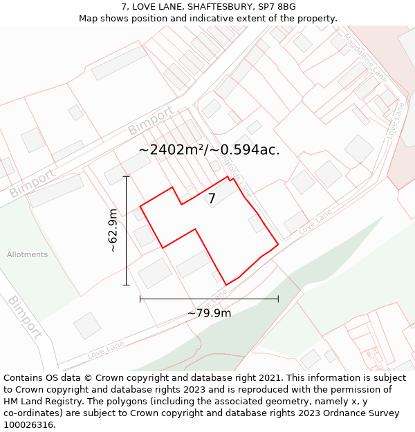 7, LOVE LANE, SHAFTESBURY, SP7 8BG: Plot and title map