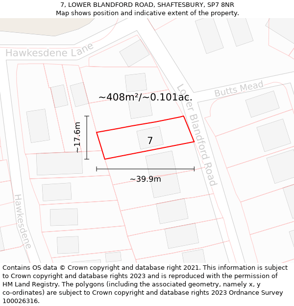 7, LOWER BLANDFORD ROAD, SHAFTESBURY, SP7 8NR: Plot and title map