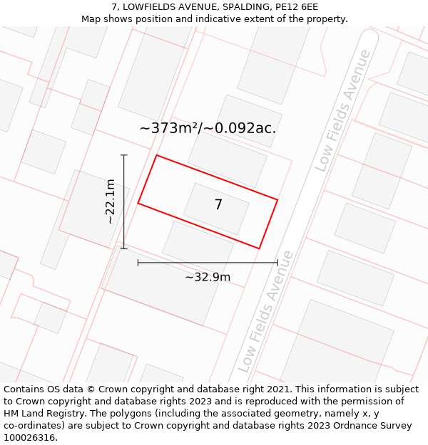 7, LOWFIELDS AVENUE, SPALDING, PE12 6EE: Plot and title map