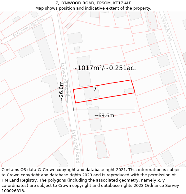 7, LYNWOOD ROAD, EPSOM, KT17 4LF: Plot and title map