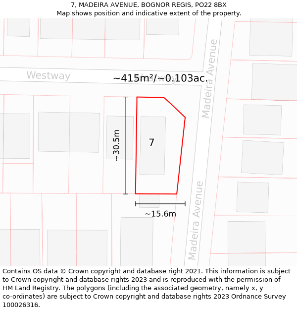 7, MADEIRA AVENUE, BOGNOR REGIS, PO22 8BX: Plot and title map