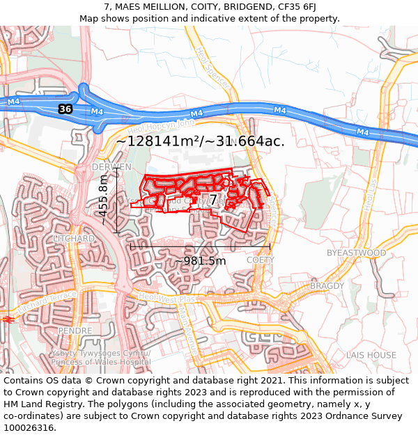 7, MAES MEILLION, COITY, BRIDGEND, CF35 6FJ: Plot and title map