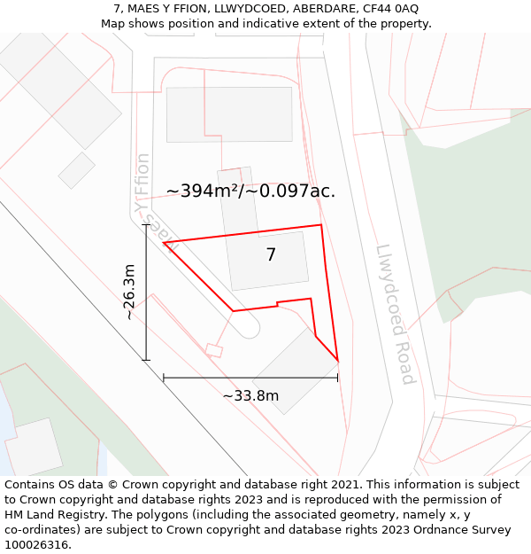 7, MAES Y FFION, LLWYDCOED, ABERDARE, CF44 0AQ: Plot and title map