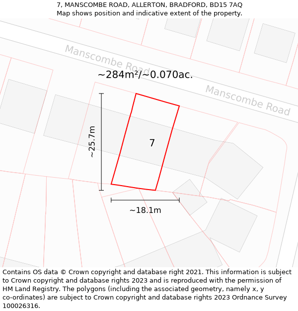 7, MANSCOMBE ROAD, ALLERTON, BRADFORD, BD15 7AQ: Plot and title map