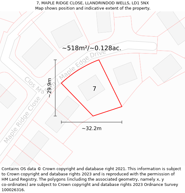 7, MAPLE RIDGE CLOSE, LLANDRINDOD WELLS, LD1 5NX: Plot and title map