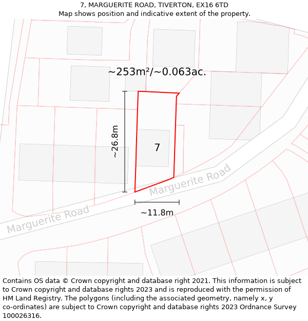 7, MARGUERITE ROAD, TIVERTON, EX16 6TD: Plot and title map