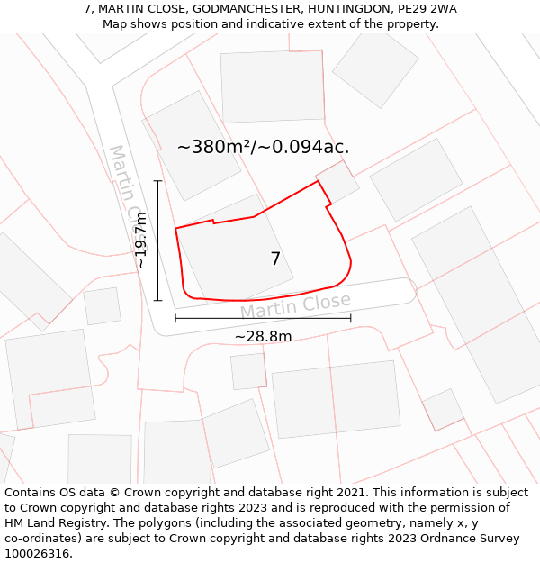 7, MARTIN CLOSE, GODMANCHESTER, HUNTINGDON, PE29 2WA: Plot and title map