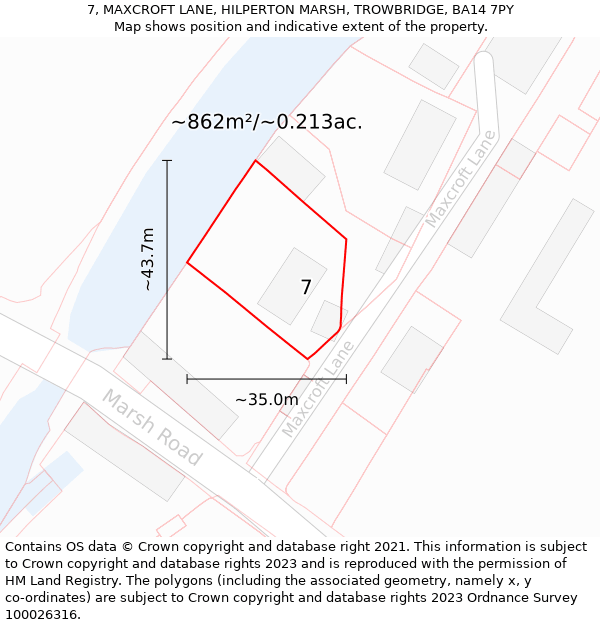 7, MAXCROFT LANE, HILPERTON MARSH, TROWBRIDGE, BA14 7PY: Plot and title map