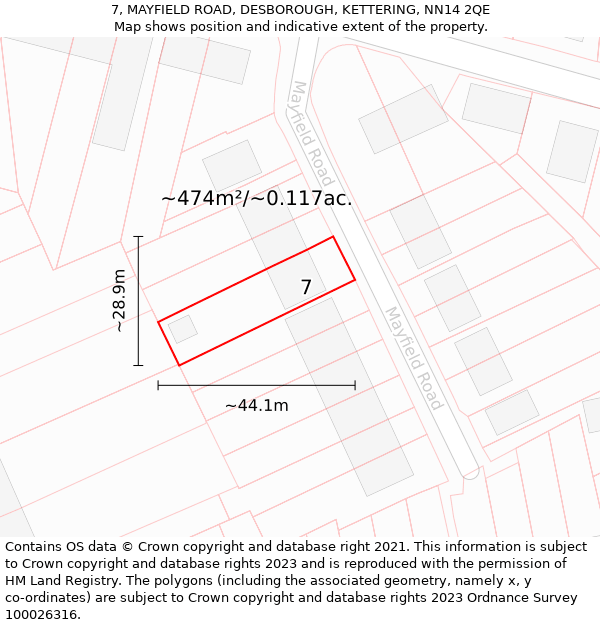 7, MAYFIELD ROAD, DESBOROUGH, KETTERING, NN14 2QE: Plot and title map