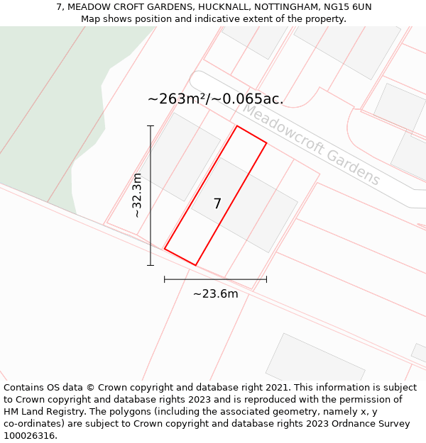 7, MEADOW CROFT GARDENS, HUCKNALL, NOTTINGHAM, NG15 6UN: Plot and title map