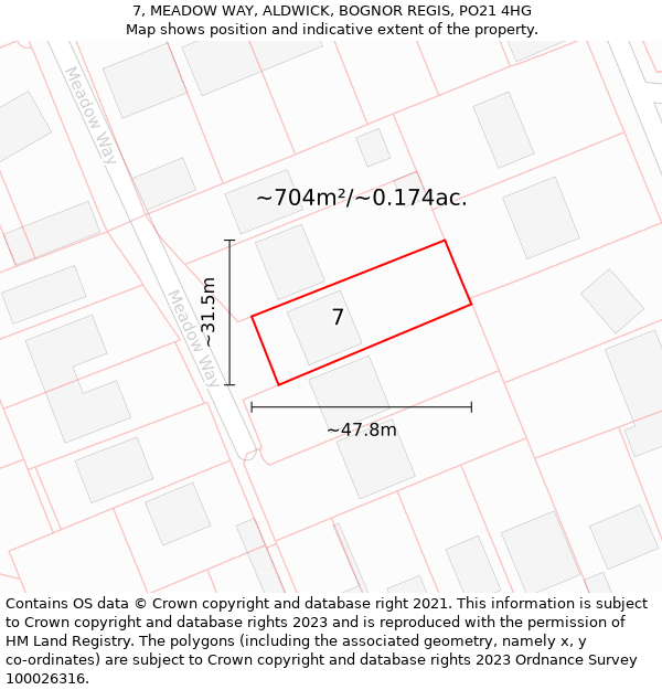 7, MEADOW WAY, ALDWICK, BOGNOR REGIS, PO21 4HG: Plot and title map