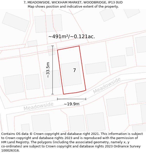 7, MEADOWSIDE, WICKHAM MARKET, WOODBRIDGE, IP13 0UD: Plot and title map