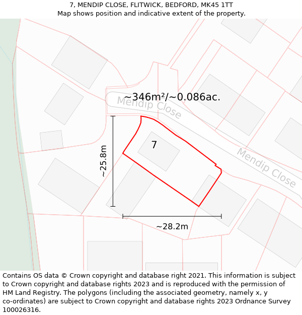 7, MENDIP CLOSE, FLITWICK, BEDFORD, MK45 1TT: Plot and title map