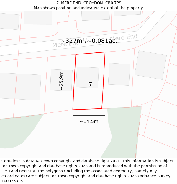 7, MERE END, CROYDON, CR0 7PS: Plot and title map