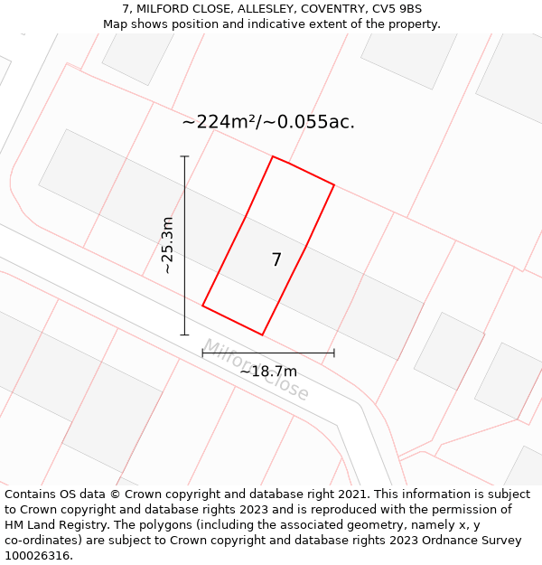 7, MILFORD CLOSE, ALLESLEY, COVENTRY, CV5 9BS: Plot and title map