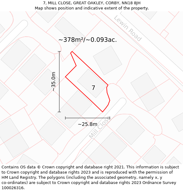 7, MILL CLOSE, GREAT OAKLEY, CORBY, NN18 8JH: Plot and title map