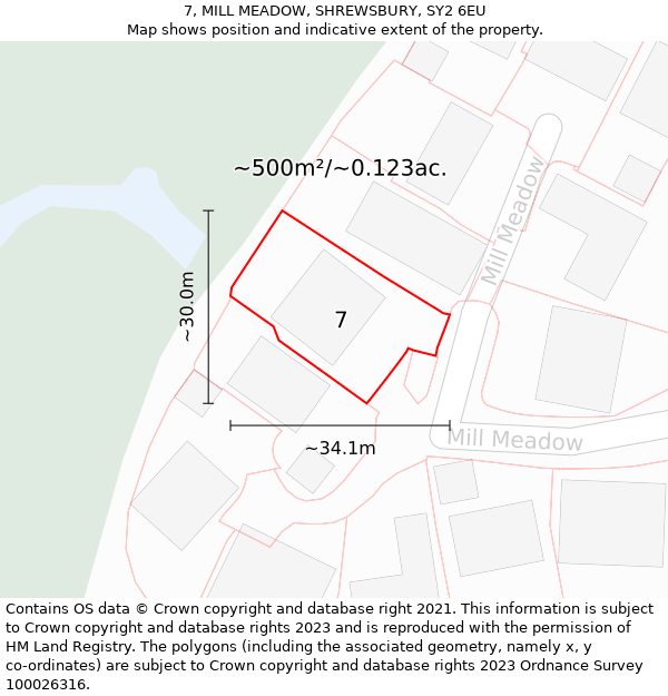 7, MILL MEADOW, SHREWSBURY, SY2 6EU: Plot and title map