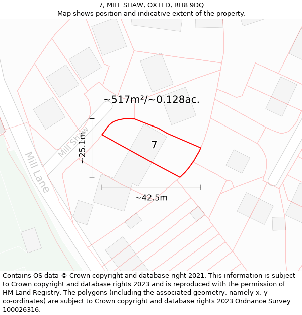 7, MILL SHAW, OXTED, RH8 9DQ: Plot and title map