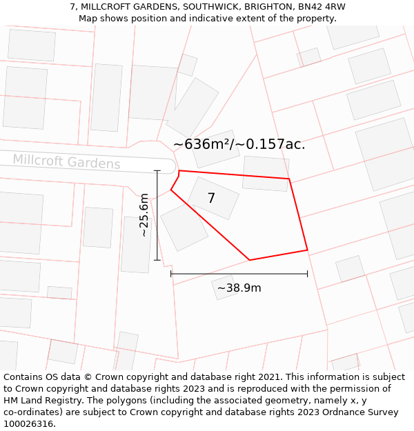 7, MILLCROFT GARDENS, SOUTHWICK, BRIGHTON, BN42 4RW: Plot and title map
