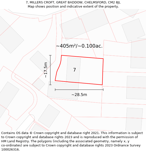 7, MILLERS CROFT, GREAT BADDOW, CHELMSFORD, CM2 8JL: Plot and title map