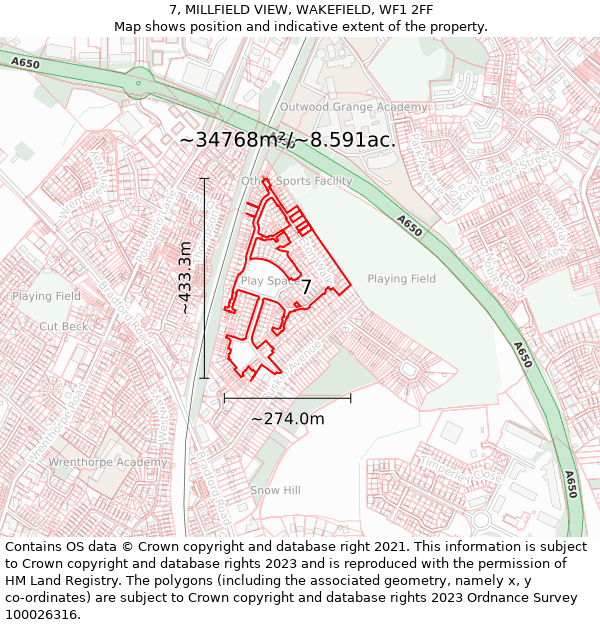 7, MILLFIELD VIEW, WAKEFIELD, WF1 2FF: Plot and title map