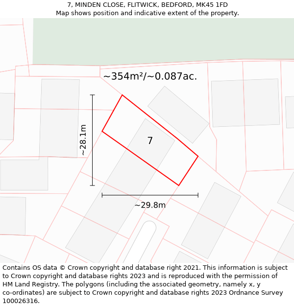 7, MINDEN CLOSE, FLITWICK, BEDFORD, MK45 1FD: Plot and title map