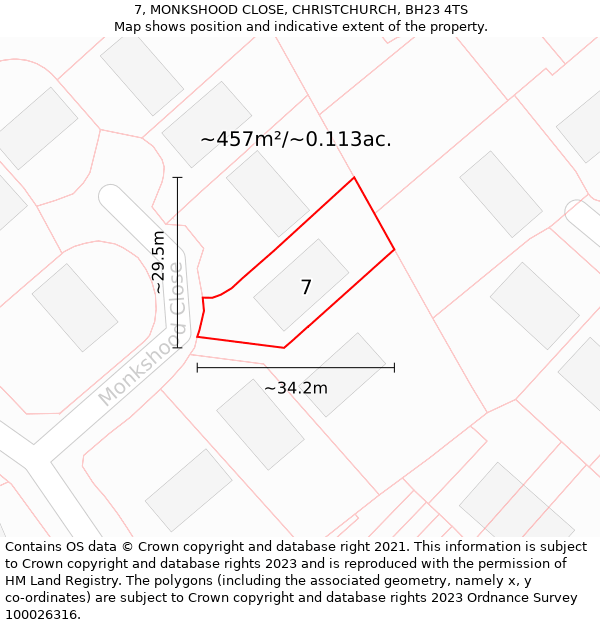 7, MONKSHOOD CLOSE, CHRISTCHURCH, BH23 4TS: Plot and title map