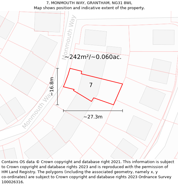 7, MONMOUTH WAY, GRANTHAM, NG31 8WL: Plot and title map