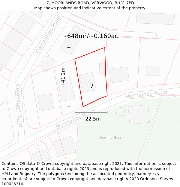 7, MOORLANDS ROAD, VERWOOD, BH31 7PD: Plot and title map