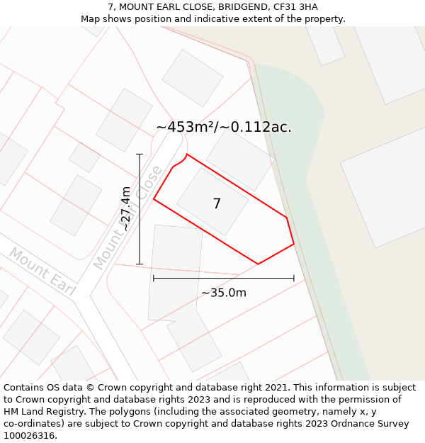 7, MOUNT EARL CLOSE, BRIDGEND, CF31 3HA: Plot and title map