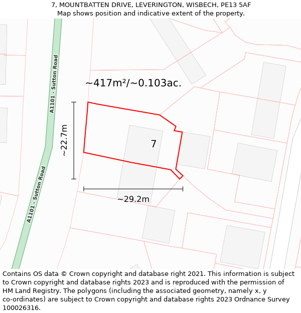 7, MOUNTBATTEN DRIVE, LEVERINGTON, WISBECH, PE13 5AF: Plot and title map