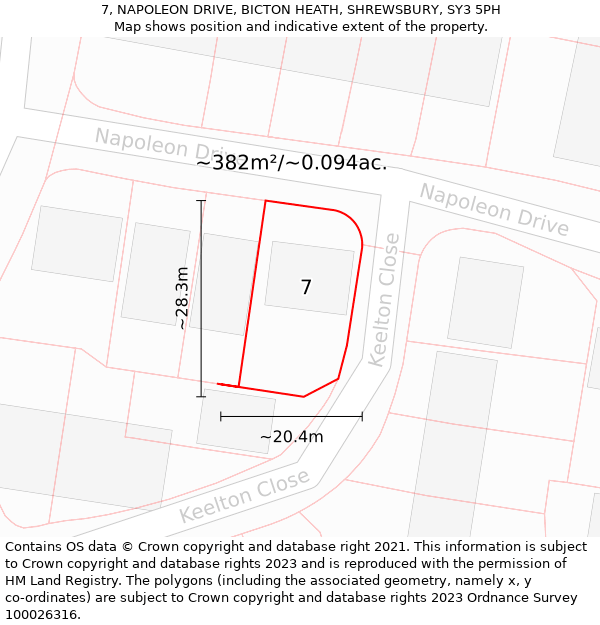 7, NAPOLEON DRIVE, BICTON HEATH, SHREWSBURY, SY3 5PH: Plot and title map