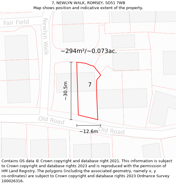 7, NEWLYN WALK, ROMSEY, SO51 7WB: Plot and title map