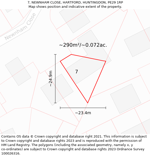 7, NEWNHAM CLOSE, HARTFORD, HUNTINGDON, PE29 1RP: Plot and title map