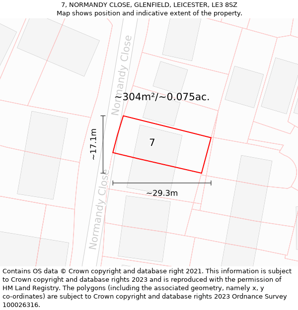 7, NORMANDY CLOSE, GLENFIELD, LEICESTER, LE3 8SZ: Plot and title map