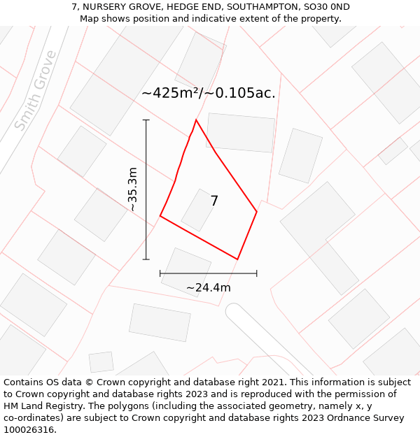 7, NURSERY GROVE, HEDGE END, SOUTHAMPTON, SO30 0ND: Plot and title map